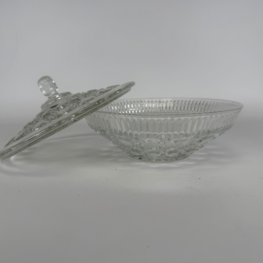 Vintage Clear Pressed Glass Candy Dish with Lid Diamond Point Thumbprint 8 Inch